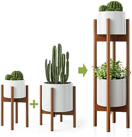 MUDEELA 2 Pack Indoor Plant Stands, 2 Tier Tall Plant Stand 30 inches, Mid Century Bamboo Plant Stand, Adjustable Width 8 - 12 inches, Fits Pot Size of 8 9 10 11 12 inches, Pot & Plant Not Included, Brown by MUDEELA