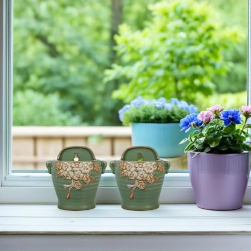 2pcs Vintage Green Ceramic Wall Mounted Planter Partial Wall Hanging Plant Holder for Succulents and Pothos Elegant Indoor Decorative Flower Pot Space Saver and Handcrafted Design - Image 6