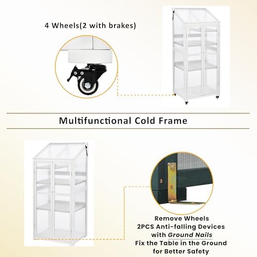 Knocbel 62" Height Portable Wooden Cold Frame Greenhouse with Wheels, Openable Roof and Adjustable Shelves, Flower Plants Shelf for Balcony Outdoor Indoor Backyard (White) - Image 4