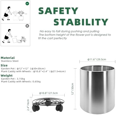 Longrun 11.8 Inch Dia Round Planter, Modern Indoor Outdoor Large Stainless Steel Plant Pot and Plant Caddy with Wheels for Home Patio Garden, Easy to Clean and Move - Image 2