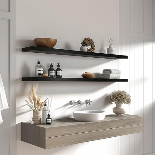 YYWUOJJ Wood Floating Shelves for Wall Decor, Rustic Wall Shelves for Bedroom Bathroom Kitchen Living Room, Set of 4 Black 48 Inch - Image 3