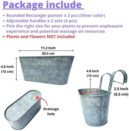 LaLaGreen Hanging Rail Planter (11.2 in, 2 Pack) Silver Metal Fence Pot - Image 2