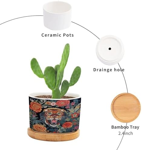 Chinoiserie Tiger Planters Ceramic Green and Turquoise Tiger Stripe Round Plant Pot with Drainage Holes and Bamboo Tray Pot for Succulents Cactus Garden Windowsill - Image 3