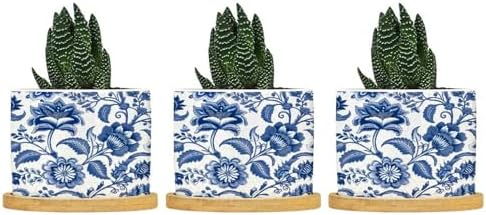 Blue and Indigo Floral Ceramic Planter Chinoiserie Chic Flower Pots for Plants with Drainage Holes and Saucers Pot for Succulents Cactus Garden Windowsill by BRUYU5SE