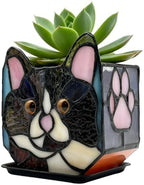 Handmade Stained Glass Black Cat Planter, Decorative Succulent Pot with Drainage, Indoor Plant Holder, Home Decor by Entlityful