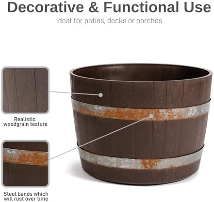 RTS Home Accents Better Barrel 18-Inch Outdoor Planter, Walnut – Rustic Whiskey Barrel Style Heavy-Duty Resin Pot with Rusting Steel Bands for Patio, Porch & Garden - Image 2