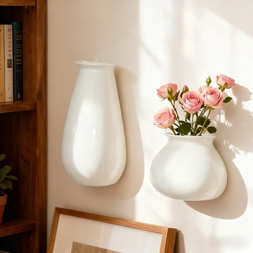 White Ceramic Wall Planters, Set of 2, 10.6 Inch, Flared Design by DOCFLVAS