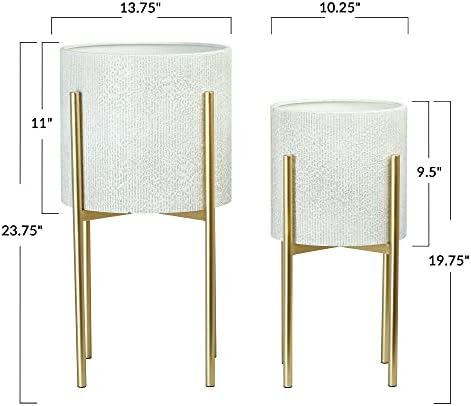 Main + Mesa Modern Boho Embossed Metal Planters with Stands, White and Gold, Set of 2 Sizes - Image 5