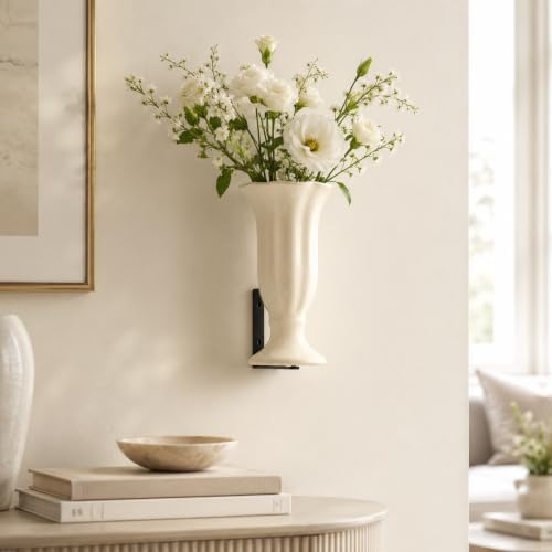 Modern Floating Wall Vase - Matte White Ceramic Flower Vase with L-Shaped Metal Bracket - Minimalist Wall Mounted Planter for Fresh or Dried Flowers, Home Decor for Living Room, Bedroom, Entryway - Image 2