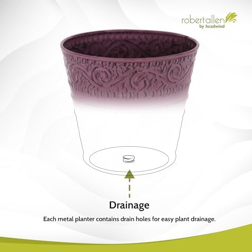 Headwind IronLite Ensley – 8" Plum Decorative Metal Planter with High‑Gloss Embossed Design – Indoor Plant Pot with Drainage Hole & Modern Round Style for Home & Outdoor Use by Robert Allen - Image 6