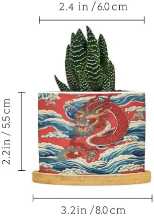 Dragon Chinoiserie Planters Ceramic Asian Inspired Round Flower Pots with Drainage Holes and Bamboo Tray Pot for Home Desktop Office Windowsill - Image 2