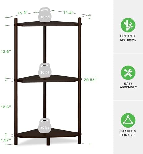 Wisuce Brown Small Corner Shelf Stand, 3-Tier Bamboo Corner Bookshelf - Image 2