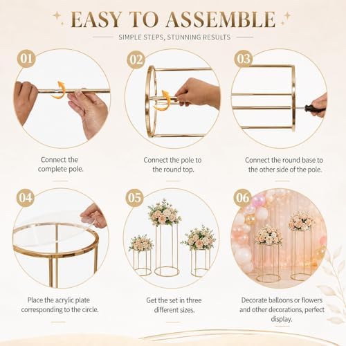 3PCS Round Cylinder Pedestal Stands Set, Gold Metal Display Columns with Removable Acrylic Tops, Sturdy Iron Nesting Risers for Wedding Party Dessert Table, Floral Vases and Event Decor (23.6", 31.5", 39.3" Heights) - Image 3