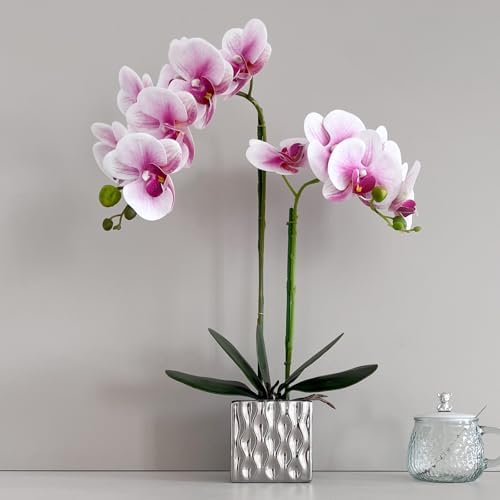 Artificial Orchid with Silver Vase, 20 Inch Purple Heart White Flowers, Indoor Home Decor by Unknown