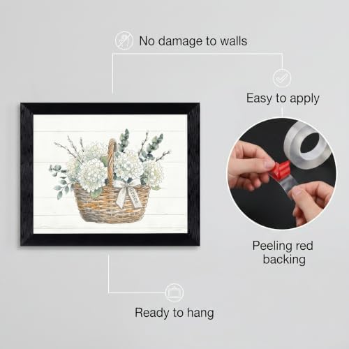 Framed Canvas Wall Art Watercolor Floral Wicker Basket White Hydrangeas Canvas Print Poster Black Frame Wall Decor for Living Room Bedroom Pussy Willow, Grace Decor - Inch 16x20 - Image 2