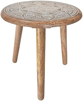 VANIYA CRAFTS® Wooden Engraved Fold-able Side Table/End Table/Plant Stand/Stool for Living Room Bedroom Restaurant Kids Play Furniture Table Round Shape (Natural White 1) - Image 3