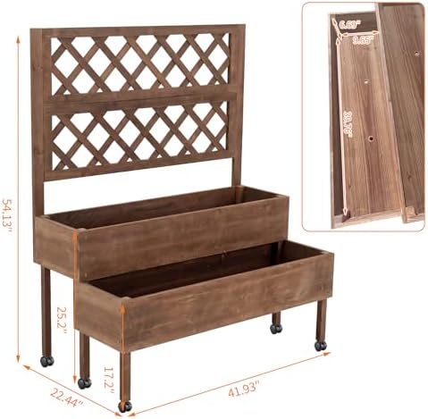Wooden Raised Garden Bed with Trellis & Wheels, 2-Tier Elevated Planter Box - Image 2