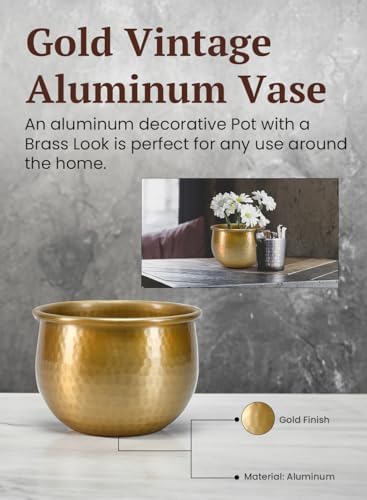 Serene Spaces Living Gold Brass Look Vintage Aluminum Vase - Perfect Decorative Accent for Plants, Weddings, and Events, Metallic Pot for Home, Small, Measures 6.75" Diameter and 5" Tall - Image 5