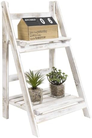 MyGift 2 Tier Whitewashed Wood Plant Stand, Foldable Display Shelf by MyGiftHome