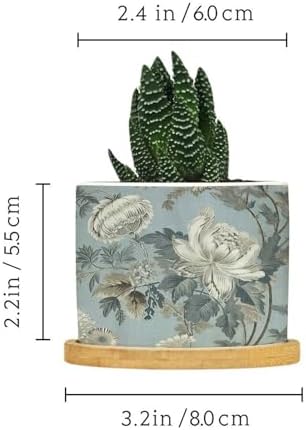 On Flax Blue Chinoiserie Planters Ceramic Grey Peony Asian Round Plant Pot with Drainage Holes and Bamboo Tray Pot for Pots Outdoor Indoor Plants - Image 2