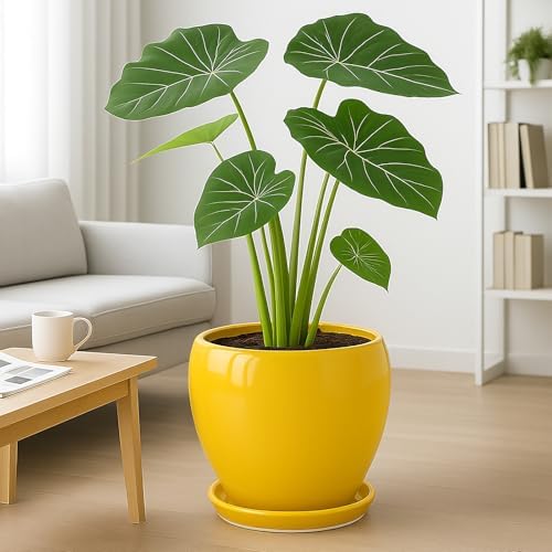 Deep Dream 10 Inch Plant Pot- Ceramic Planter Pot Round Plant Pots for Indoor Plants Outdoor Large Flower Pot with Drainage Holes & Trays, Yellow - Image 4