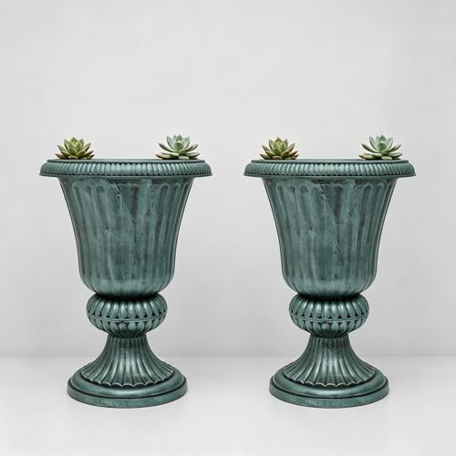 MoNiBloom 20‘’ Plastic Urn Planter Vase, Flower Pot Set of 2, Dark Green by Monibloom