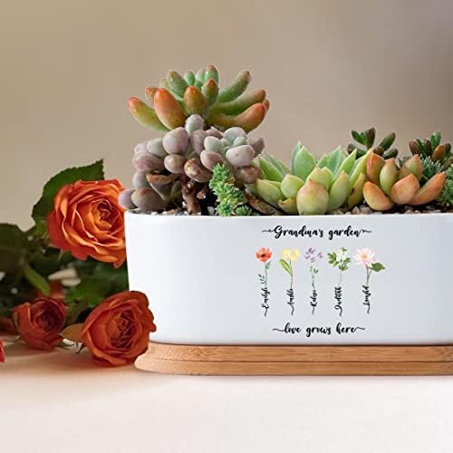 Personalized Birth Month Flower Plant Pot with Kids Names,Custom Grandma's Garden Ceramic Succulent Planter with Bamboo Tray Indoor Outdoor Home Decor Plants, for Mom Grandma,A2 - Image 6