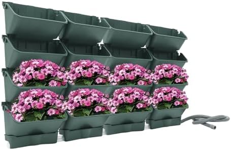 20Pack Vertical Wall Planter, 13 inch Wall Mounted Garden Planters, Stackable Wall Hanging Planter, Plastic Flower Pot with 4 Drainage Tray & 6.56FT Drainage Pipe for Indoor and Outdoor (Green) by Unknown