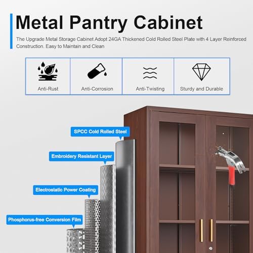 Polup 71" Wood Grain Metal Glass Display Cabinet with Security Lock - Image 4