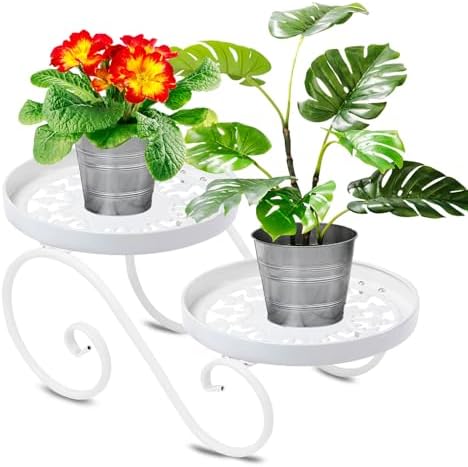 2 Tier White Plant Stand, Metal Flower Stand Indoor Outdoor, Anti-Rust Iron Plant Shelf, Round Flower Pot Stands for Multiple Plants, Display Rack Potted Plant Holders for Garden Home Decor by Santentre