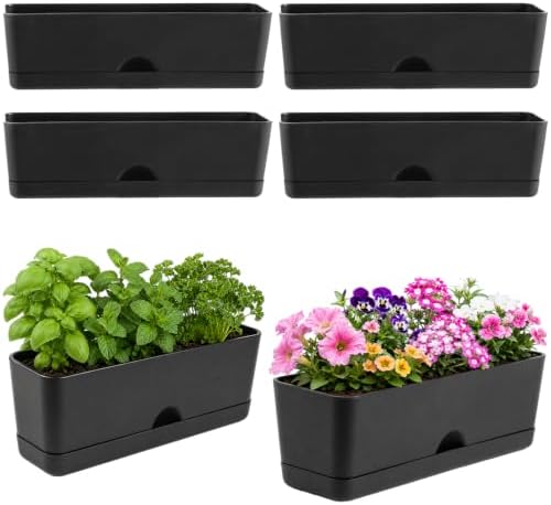 6 Pack Rectangle Planter 16x4.4 Inch Window Boxes Planters Rectangular Window Sill Planters Indoor Self Watering Plant Pots with Drainage Holes and Saucers Succulent Herb Flower Pots, Black by KvyusFlourish