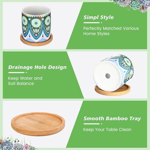 Zopeal 6 Pcs 3 Inch Succulent Pots Succulent Planters Cylinder Ceramic Pots Mandala Multicolor Cactus Pot with Drainage Holes and Bamboo Trays for Indoor Plants Flowers Garden Decoration (Core) - Image 3