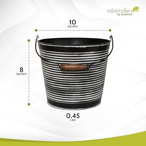Headwind Vintage Ribbed Metal Planter with Handle, 10-Inch, Charcoal – Metal Flower Pot & Decorative Bucket Planter, Rustic Metal Outdoor Planter with Drainage Hole for Indoor Plants & Outdoor Garden - Image 2
