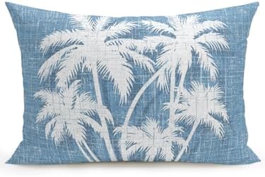 Tropical Palm Tree 12x20 Waterproof Outdoor Lumbar Pillow with Insert, Vintage Sky Blue Exotic Botanical Plants Patio Cushion Pillows for Outdoor Sofa Bench Porch Balcony Furniture, 1 Pack by Hokiten