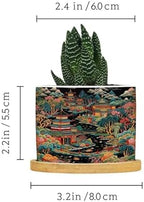 Chinoiserie Coral Asian Planter Ceramic Chinoiserie Chic Asian Round Flower Pot with Drainage Holes and Bamboo Tray Pot for Home Desktop Office Windowsill - Image 2