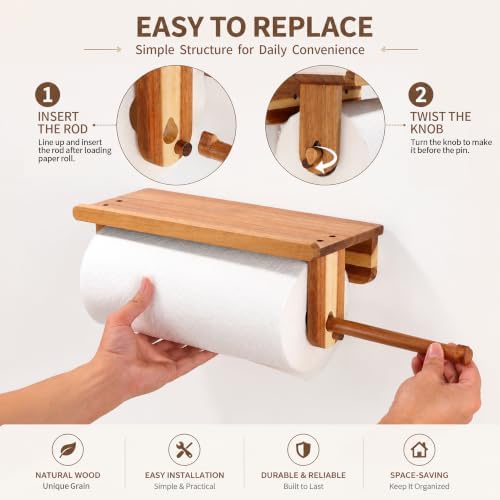 Taozun Acacia Wood Adhesive Paper Towel Holder with Shelf Wall Mount - Image 5