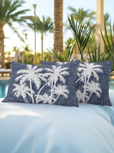 Tropical Palm Tree 12x20 Waterproof Outdoor Lumbar Pillows Set of 2 with Inserts, Vintage Dark Blue Exotic Botanical Plants Patio Decorative Cushion Pillows for Outdoor Sofa Bench Porch Balcony - Image 5