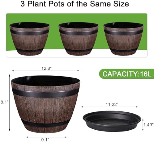 VECELO Plant Pots with Drainage Holes & Saucer, 13 Inch Flower Pots with Tray, 3 Pack Plastic Whiskey Barrel Planters for Indoor & Outdoor Garden Home Plants and Flowers - Image 7