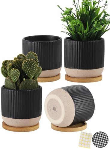4" Black Ceramic Plant Pots with Drainage Holes & Trays Set of 4 by BABALIU
