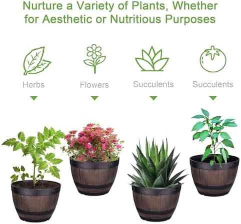 VECELO Plant Pots with Drainage Holes & Saucer, 11.3 Inch Flower Pots with Tray, 4 Pack Plastic Whiskey Barrel Planters for Indoor & Outdoor Garden Home Plants and Flowers - Image 2