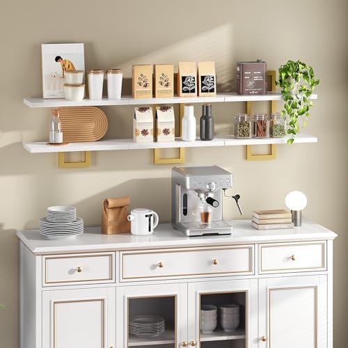 HOOBRO Floating Shelves, 15 Inch Wall Shelf Set of 3, Wall Mounted Storage Shelves 2-Tier, Hanging Bathroom Shelves, for Living Room, Bedroom, Bathroom, Kitchen, White and Gold DW32BJP301 - Image 3