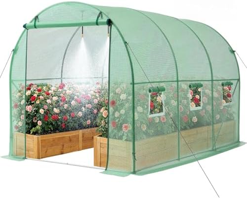 VEVOR Walk-in Tunnel Greenhouse, 10 x 7 x 7 ft Hoop House Greenhouse Tunnel with Watering System, Plant Hot House with Steel Frame, PE Cover, Roll-Up Zipper Door and 6 Windows for Outdoors, Green by VEVOR
