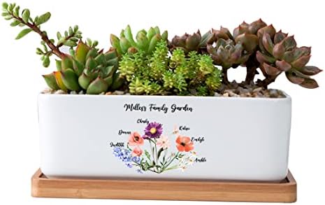 Personalized Birth Month Flower Plant Pot with Kids Names,Custom Grandma's Garden Ceramic Succulent Planter with Bamboo Tray Indoor Outdoor Home Decor Plants, for Mom Grandma,B4 by Uitwaieen