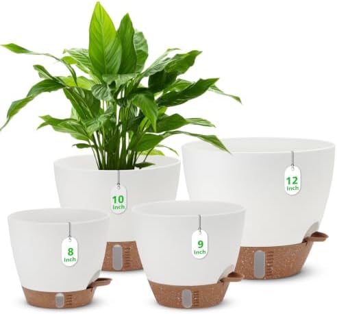 12" 10" 9" 8" Self Watering Pots with Water Level Indicator, Large Plastic Planters Set with Mesh Drainage Hole and Removable Saucer Reservoir, Big Flower Pot for Indoor Outdoor Plants - White by Ezmixcoop