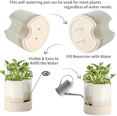 Nihow Ceramic Self Watering Plant Pot for Indoor Plants,8 Inch,White & Wave - Image 3