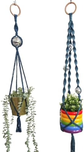 Set of 2 Macrame Plant Hanger Disco ball decor Hanging planters for indoor plants Cool gifts for plant lovers Boho plant pots plant stand indoor Hanging planters for outdoor plants (Peacock Blue) by HandmadeByUruba