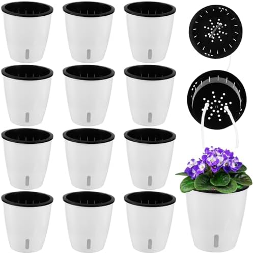 Planterhoma 5 Inch Self Watering Pots for Indoor Plants, 12 Packs African Violet Pots with Indicator, Black Wick Pot with Drainage Holes, Self Watering Planters for Orchid, Devil's Ivy, White by Planterhoma