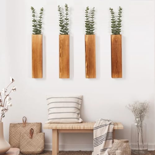 4 Pack Wood Wall Planters with 8 Faux Eucalyptus Stems for Wall Decor - Image 2