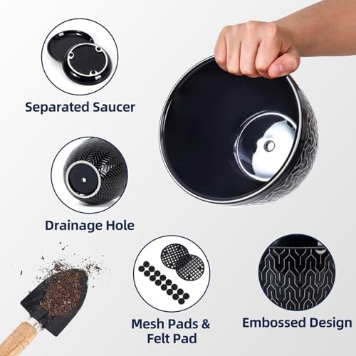 Sureasy 6.5 Inch Ceramic Plant Pots, Embossed Decorative Planters with Drainage Hole and Saucer, Modern Flower Pots for Indoor Plants, Set of 2, Black - Image 4