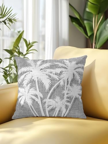 Throw Pillow 16x16 Inch, Coastal Palm Tree Waterproof Outdoor Pillow Covers for Patio with Insert, Tropical Plants Botanical Vintage Gray Decorative Pillowcase Cushion for Couch, Sofa, Bed, Garden - Image 2